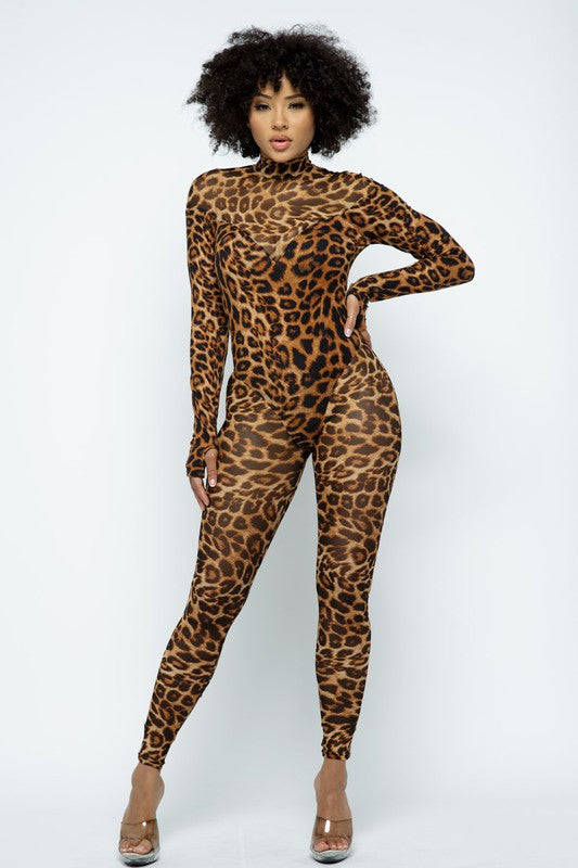 Naked Wardrobe Long Sleeve Jumpsuit In Leopard Black