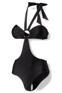 black cut out halter swimsuit